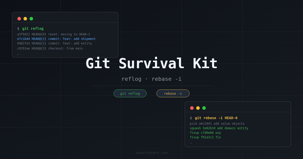 Terminal showing git reflog and git rebase -i commands — Git Survival Kit