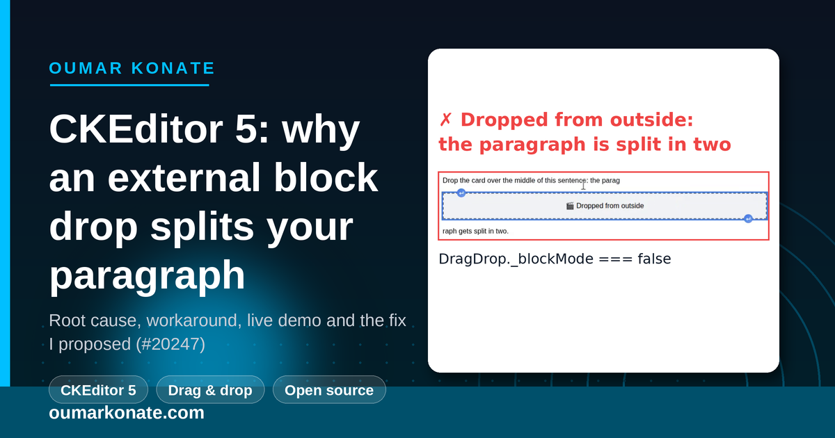 CKEditor 5 block object dropped from outside the editor splits the paragraph in two because DragDrop._blockMode is false