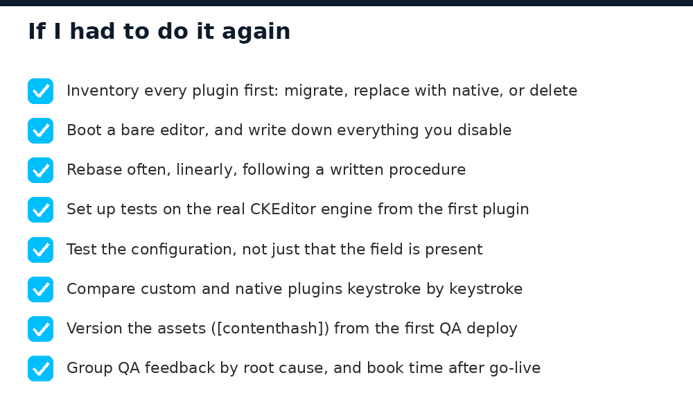 Eight-point checklist for a CKEditor 5 major-version migration, from plugin inventory to post go-live time